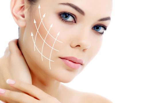 Portrait of beautiful young woman with arrows on her face, isolated on white