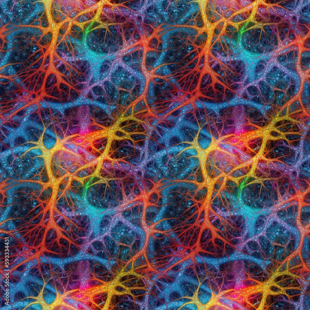 Poster neuron cells with multicolored glowing link knots in dark space. ai generative illustration.
