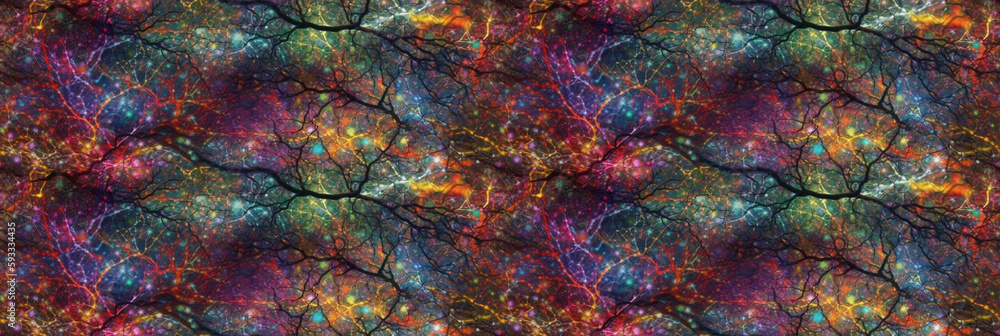 Poster Neuron cells with multicolored glowing link knots in dark space. AI generative illustration.