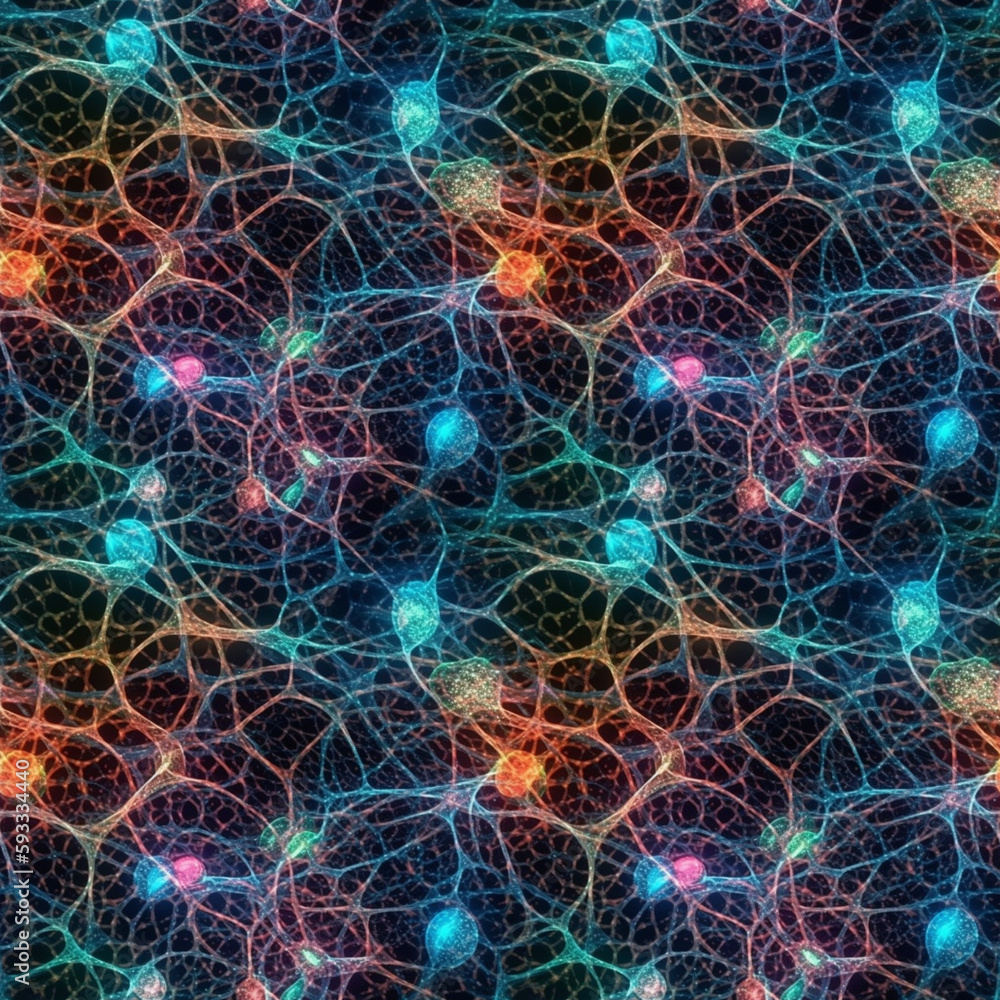 Poster neuron cells with multicolored glowing link knots in dark space. ai generative illustration.