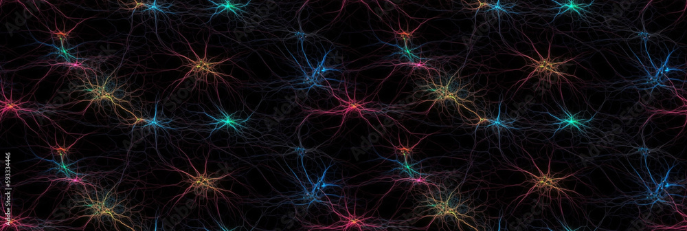 Poster neuron cells with multicolored glowing link knots in dark space. ai generative illustration.