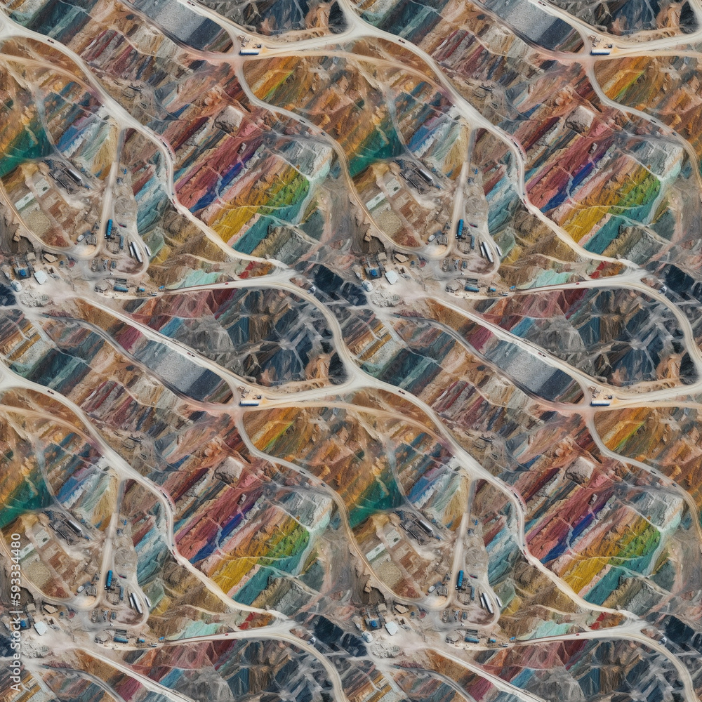 Poster aerial view of opencast colorful mining quarry with lots of machinery at work. ai generative illustr