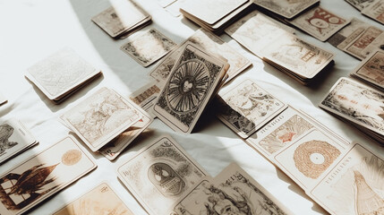 Tarot Cards and Oracle Cards on A Table for a Tarot Reading, Showing the Backs of the Cards and their Intricate Details on a White Background - Divination Tools - Generative AI