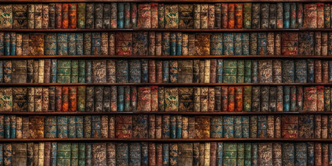Old books on wooden shelf in library. AI generative illustration.