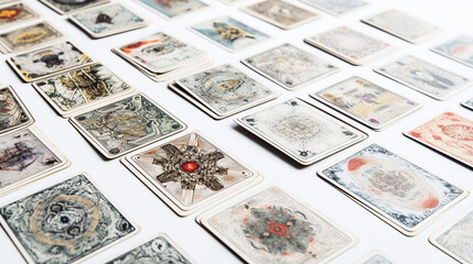Tarot Cards and Oracle Cards on A Table for a Tarot Reading, Showing the Backs of the Cards and their Intricate Details on a White Background - Divination Tools - Generative AI