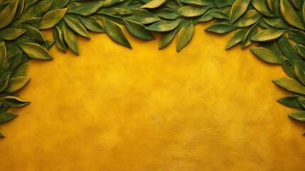 Fototapeta na wymiar A warm yellow plaster textured background with green laurel leaves around the edge. A.I. generated. 
