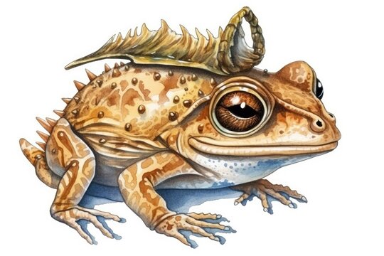 Frog, shown in 2D isolation. An easy-going horned frog with an oriental costume. a toad with human characteristics donning a finely ornamented costume. A fictional animal with a human physique