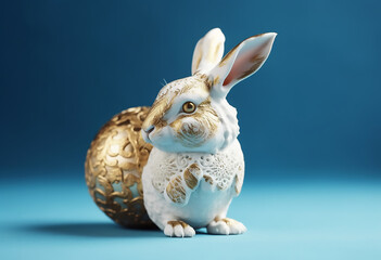 Spherical Sculpture of a White Bunny with a Pastel Easter Egg - Generative Ai