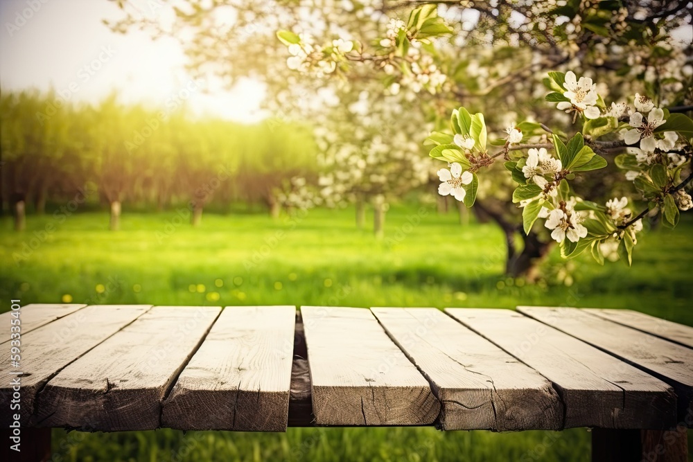 Poster a table and spring backdrop. generative ai