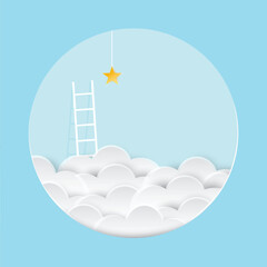 White ladder to pick the star above cloud. Business concept illustration, career, dream, solution and success concept. Paper cut out style. Vector illustration. © Pacartoon168 