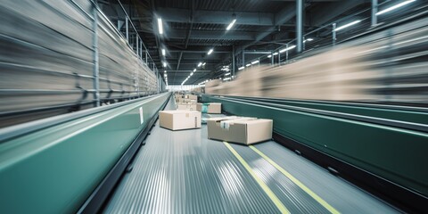 A conveyor belt transporting packages at high speed, contrasted against a bustling, automated warehouse backdrop, concept of Logistics automation, created with Generative AI technology