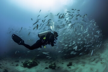 Fototapeta na wymiar Scuba diver underwater with sea creatures, Generative AI