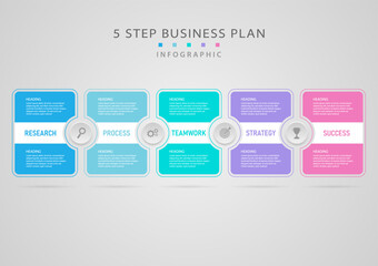 Fototapeta premium modern infographic 5 steps business plan success square and circle platel Multi color icons in center gray gradient background. Design for marketing, investment, finance, planning, product.