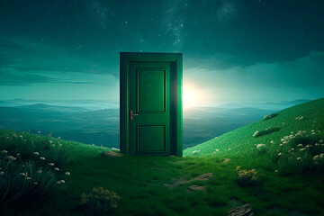 The opened door on the top of green hills with night scene background. Generative AI
