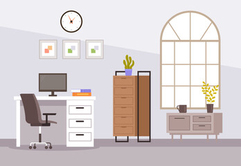 Office interior workplace room furniture concept. Vector graphic design illustration