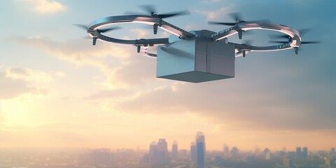 A delivery drone zipping through the sky, set against a futuristic, technology-driven background, concept of Autonomous Navigation, created with Generative AI technology
