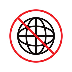 Forbidden globe vector icon. Prohibited earth icon. No globe flat sign design. Warning, caution, attention, restriction, danger label ban earth symbol pictogram