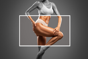 A slender swarthy woman in beige underwear on a dark background. Healthy lifestyle, sport and diet. - obrazy, fototapety, plakaty