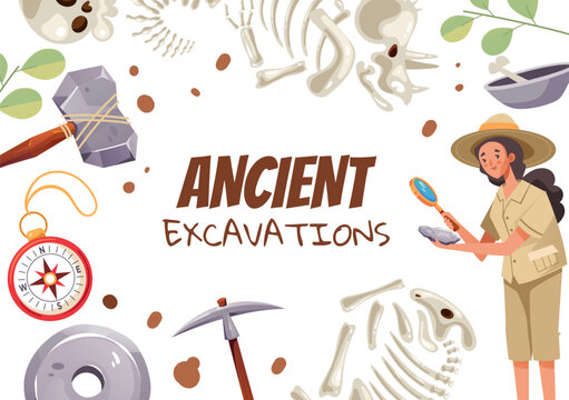 Artifact excavation fossil ancient prehistory banner abstract concept. Vector graphic design illustration