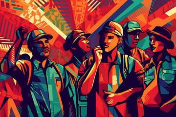 Illustration of workers showing their diversity with colors. International Workers' Day, Labor Day - created using Generative AI - obrazy, fototapety, plakaty