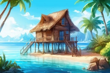 a house on the ocean with palm trees. Generative AI