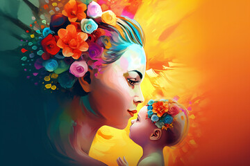 Illustration of a mother looking at her newborn child with flowers on their heads. Mothers' day, colorful - created using Generative AI