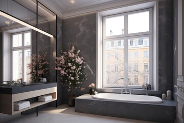 With broad windows, a plant, and black marble tile illumination, this elegant, luxurious bathroom is elegant. Generative AI