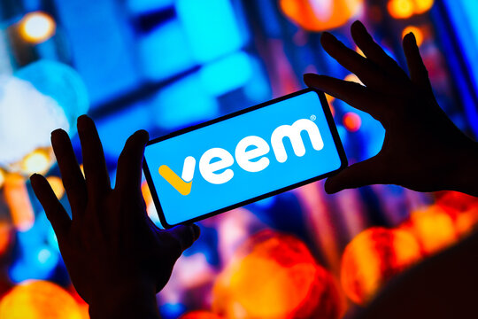 April 16, 2023, Brazil. In this photo illustration, the Veem (Send Money Online) logo is displayed on a smartphone screen.
