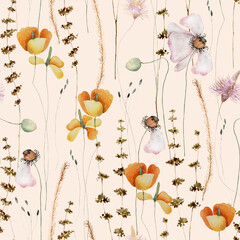 Watercolor delicate wildflowers floral seamless pattern. Blooming meadow tile. Hand drawn elegant,  
botanical background. Repeatable boho texture, wrapping paper, wallpaper, fabric, paper, textile