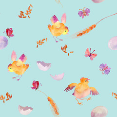 Cute chicks and eggs seamless pattern hand painted in watercolor. Cartoon colorful baby birds, hen, butterfly repeatable background. Easter wrapping paper, fabric, textile, wallpaper, printing