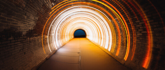 Long exposure in a tunnel leaving the beams of light on walls. Abstract and mysterious light effects. Generative AI