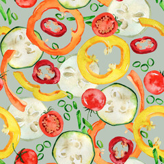 Watercolor vegetables seamless pattern. Fresh healthy food background. Pepper, tomato, green onion, zucchini, cucumber slice tile. Agriculture, local farm market, diet, organic cooking illustration