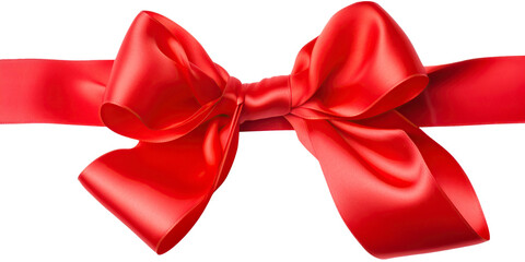Shiny red ribbon with beautiful silk bow, close up decorative element isolated on transparent background. PNG raster illustration. Generated with AI.