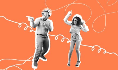 Composite collage of funny couple dance