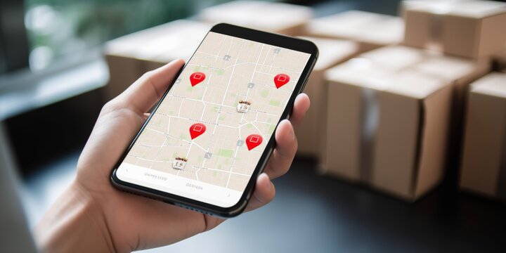customer tracking their parcels journey in real time via smartphone app, set against connected, responsive background, concept of Interactive customer experience, created with Generative AI technology