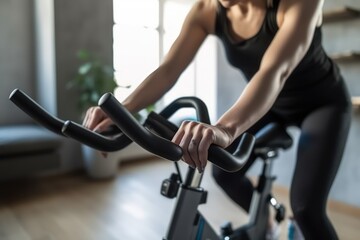 Woman on stationary exercise bike, focused on maintaining a healthy lifestyle and improving her physical fitness by engaging in cardiovascular workouts at home or in the gym, generative ai