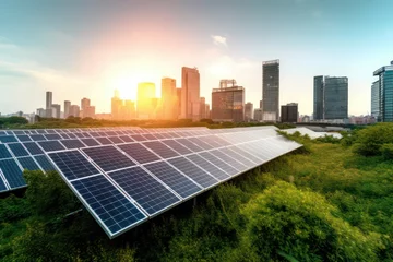 Foto op Plexiglas Solar panels with a city skyline in background, showcasing the integration of renewable energy sources within urban environments, sustainable and eco-friendly future, generative ai © InputUX