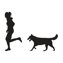 A young woman walks with the dog. illustration silhouette