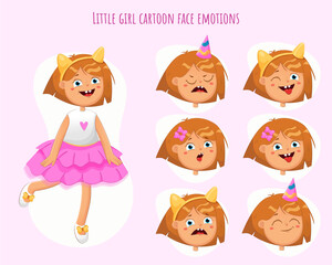 Little girl cartoon character emotions.Young girl face construction with different expressions.Cartoon personage vector