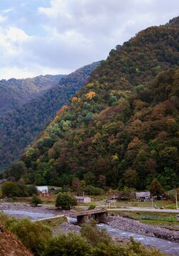 Beautiful autumn view of hills covered with forest in Pshavi