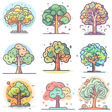 set of 9 Vector trees illustration