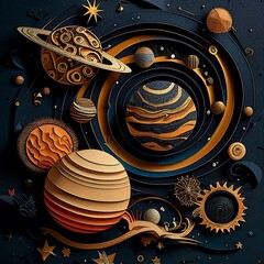 Paper-cut art illustration of a solar system in an outer space setting.