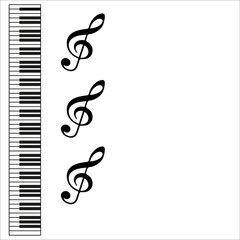 Piano keyboard with treble clefs on white background with copy space	
