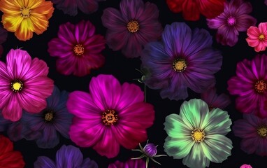Fototapeta premium Background of colorful flowers in the night. Generative AI technology.
