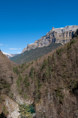 mountain landscape with a forest and river in the foreground and large steep mountains with some snow, Ordesa and Monteperdido National Park, vertical
