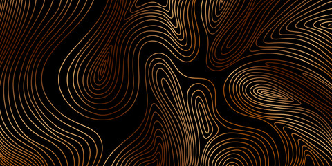 Hand drawn wood annual rings texture on black background. Golden wood grain texture. Vector background with wooden fibers. Contour of wood trunk rings. Wooden concentric circles pattern. Relief lines