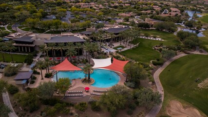 Fototapeta premium Aerial view of a golf club in a new neighborhood in VIstancia, Arizona