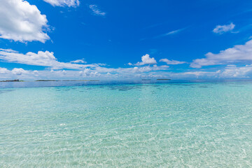 Beautiful closeup sea sand beach. Panoramic beach landscape. Inspire tropical beach seascape wave horizon. Sunny sky calmness tranquil relaxing sunlight summer concept. Vacation travel holiday banner