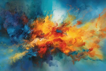 Fototapeta na wymiar An underwater explosion is shown in an acrylic painting with a backdrop of blue, orange, and rainbow smoke. Generative AI