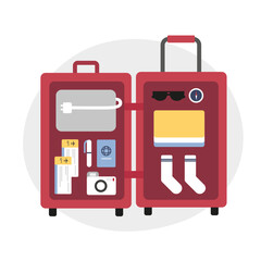 Modern travel suitcase with passport, gadgets, tickets and socks. Preparation for next trip. Time for travel abroad. Getting ready for adventure. Vector